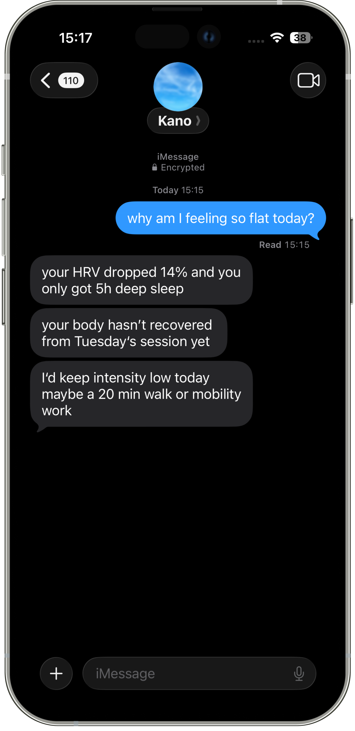 Kano answering a question grounded in your fitness data